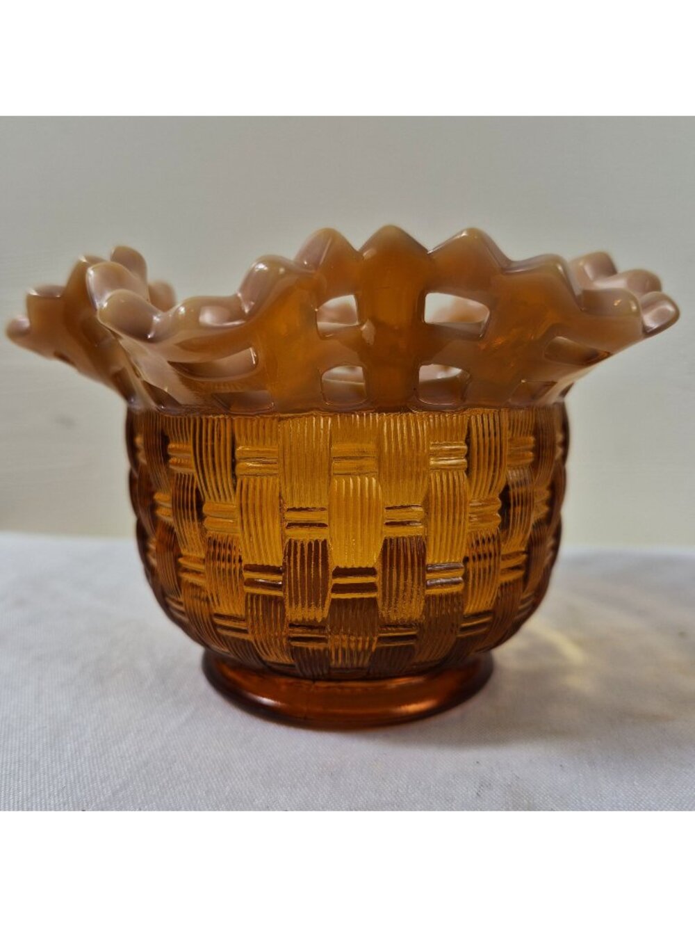 1930s Fenton Topaz Opalecent Basket Weave Open Edge Ruffled Bowl